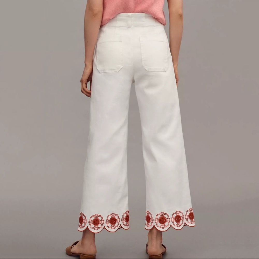 NWT Anthropologie Maeve Colette Scallop Hem Crop Wide Leg Jeans Embroidered 28 - Picture 2 of 5